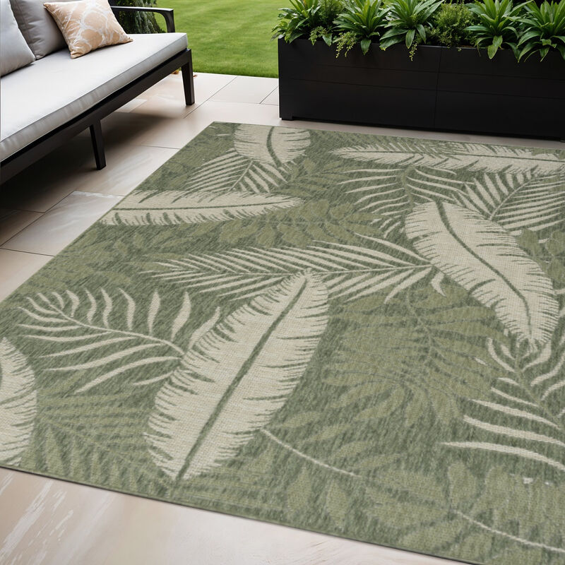 HomeRoots 5' X 7' Ivory And Green Palm Leaf Indoor Outdoor Area Rug image number 1