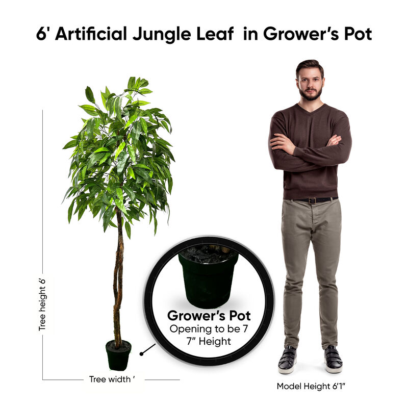 Handmade 6' Artificial Jungle Leaf Tree In Home Basics Plastic Pot Made with Real Wood and Moss Accents