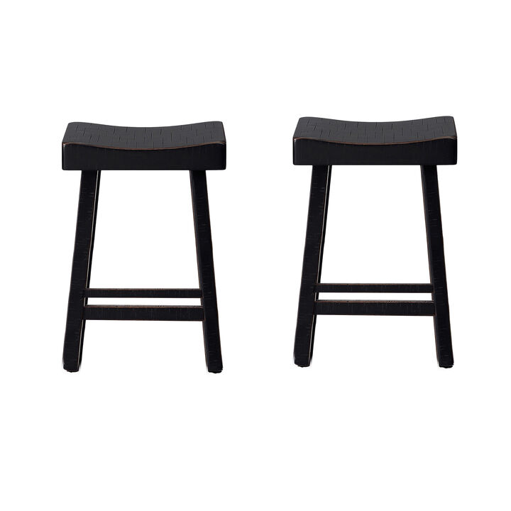 Bianca Counter Stool Set of 2, Saddle Seat, Farmhouses Black Solid Wood - Benzara