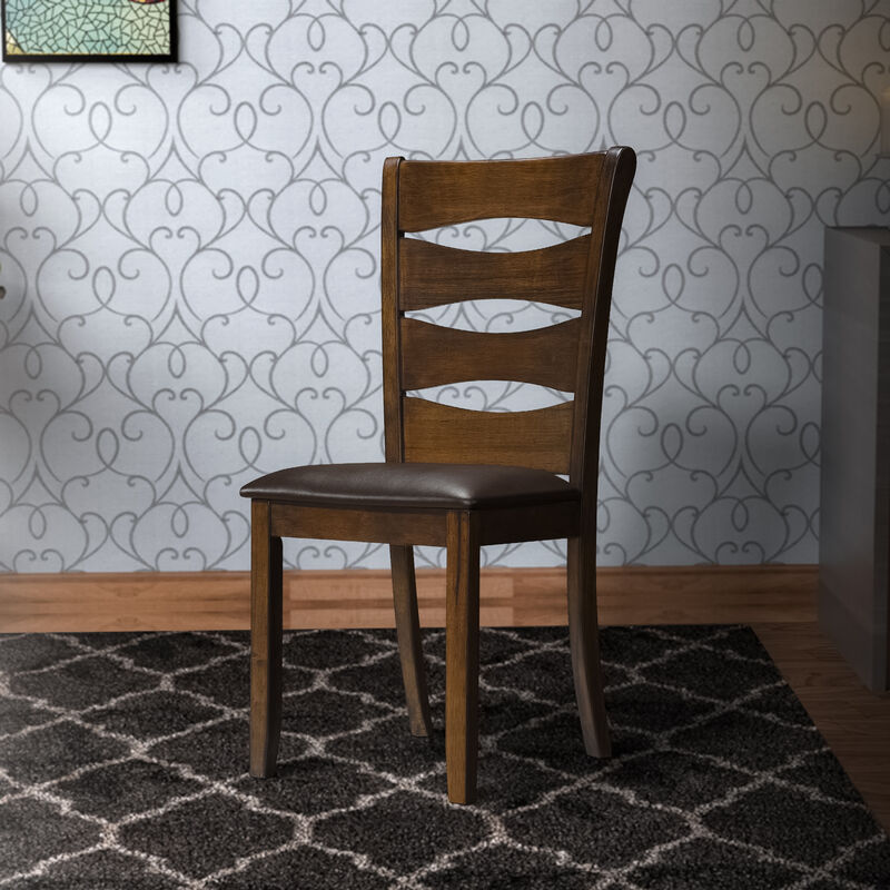 Transitional Ladder Back Side Chair with Leatherette Seat, Set of 2, Brown - Benzara