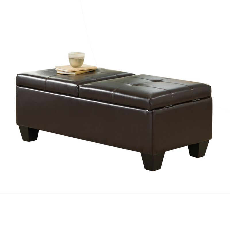 Storage Ottoman, Chocolate Faux Leather, Soft Cushioning, 47 Inch - Benzara