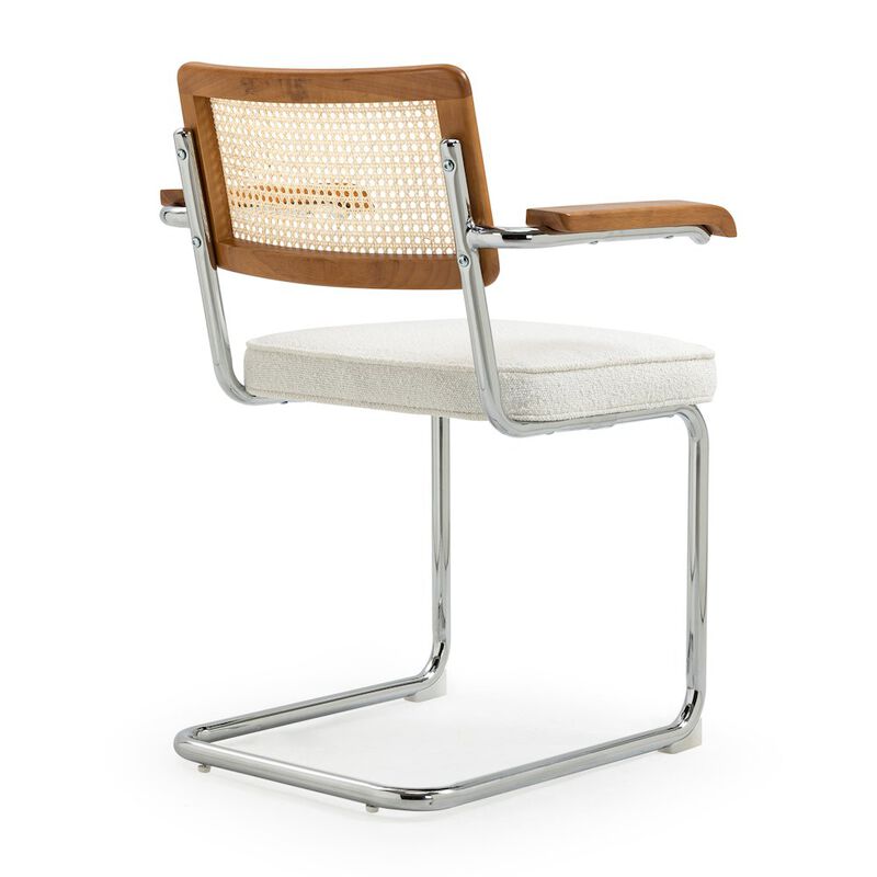 Glamour Home Set of 2 White Boucle Fabric Dining Chair Rattan Backrest and Chrome Legs