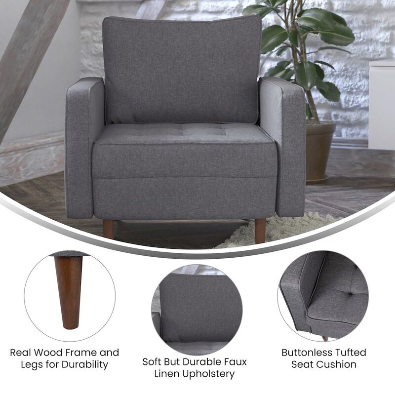 Flash Furniture Armchair with Tufted Faux Linen Upholstery, Solid Wood Legs in Dark Gray image number 7