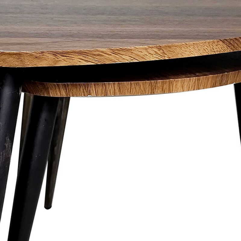 Clovia Nesting Table, Set of 2, Triangular Brown Solid Wood, Black Metal