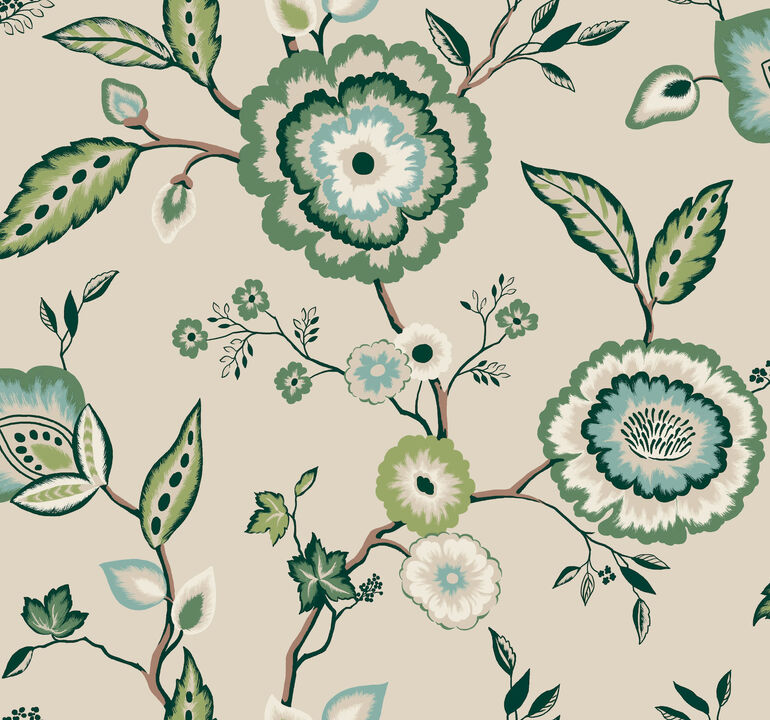 Dahlia Blooms Green & Beige Wallpaper