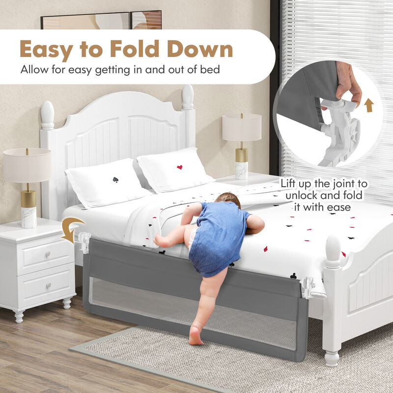 Swing Down Bed Guardrail with Safety Straps for Kids Bedroom-Grey image number 5
