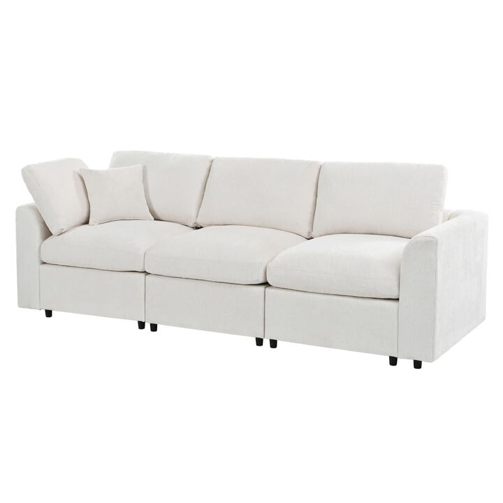 Chenille 3 seater sofa, U style deep seat couch with throw pillow, Contemporary living room sofa with solid wood frame