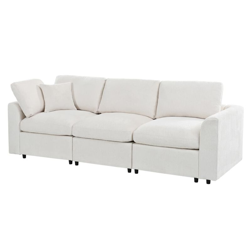 Chenille 3 seater sofa, U style deep seat couch with throw pillow, Contemporary living room sofa with solid wood frame image number 0