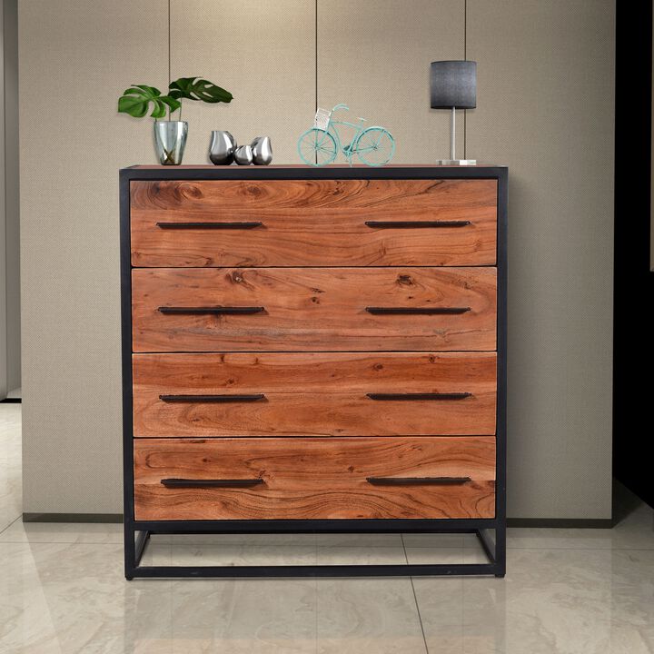 Handmade Dresser with Grain Details and 4 Drawers, Brown and Black-Benzara