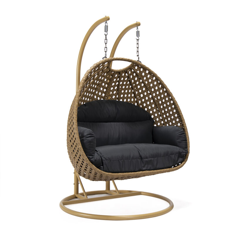LeisureMod Mendoza Light Brown Wicker Hanging 2 person Egg Swing Chair Removable Cushion With Iron Base
