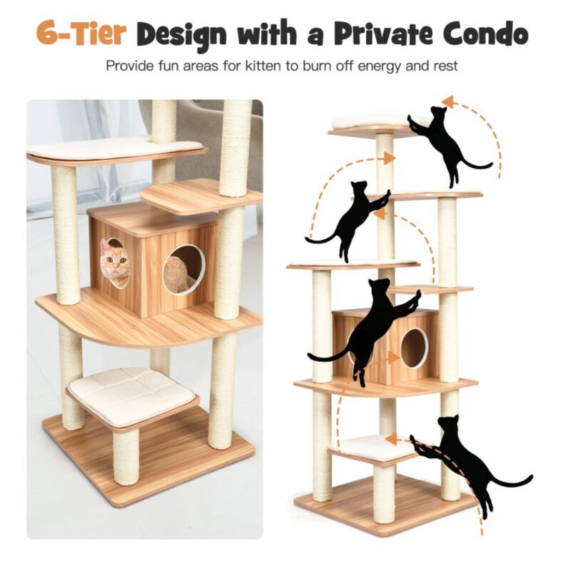 Hivvago 7-Layer Wooden Cat Tree Tall Cat Tower with Sisal Posts and Condo