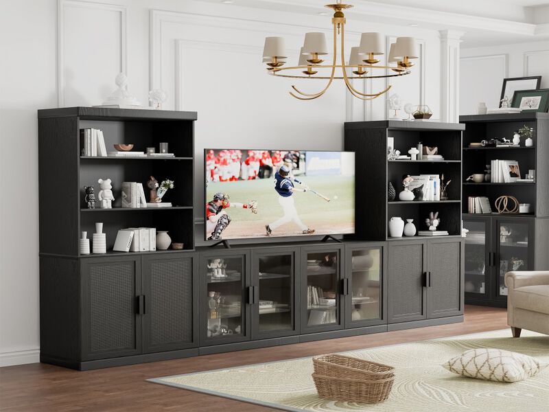 82" High Black Doorless Wood Grain Decorative Storage Cabinet with 12 shelves Combination Cabinet