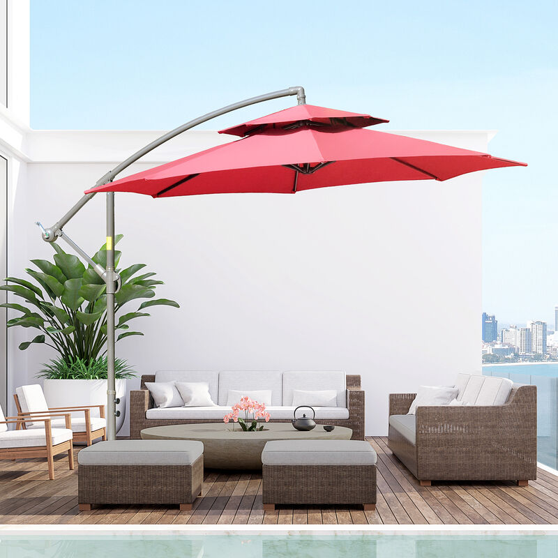 9' Outdoor Cantilever Umbrella Parasol w/ 2-Tier Canopy & Crank Handle, Red