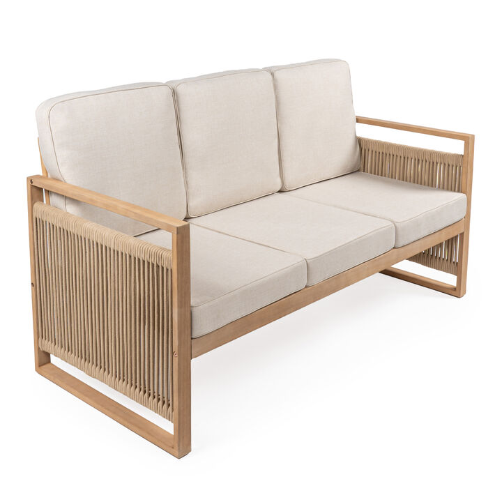 Gable 3-Seat Mid-Century Modern Roped Acacia Wood Outdoor Sofa with Cushions