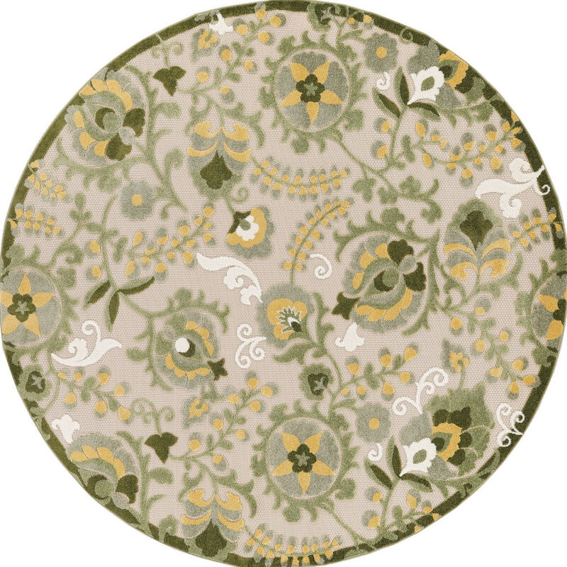 HomeRoots 5' Ivory Green Dark Green And Yellow Round Floral Indoor Outdoor Area Rug image number 0