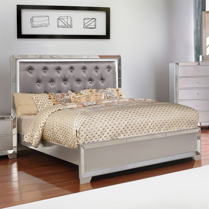 Eli Crystal Tufted Queen Bed, LED, Mirror Inlays, Wood, Gray Velvet, Silver-Benzara