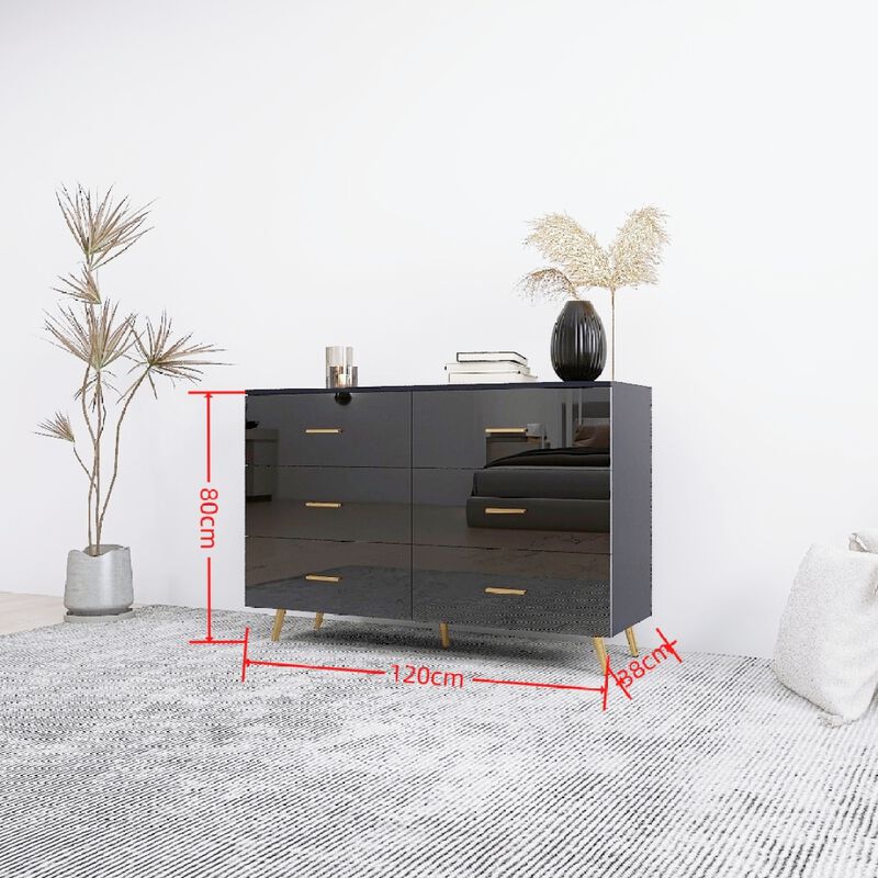 High Glossy Surface 6 Drawers Chest of Drawer with Golden Handle and Golden Steel Legs Black Color Vanity