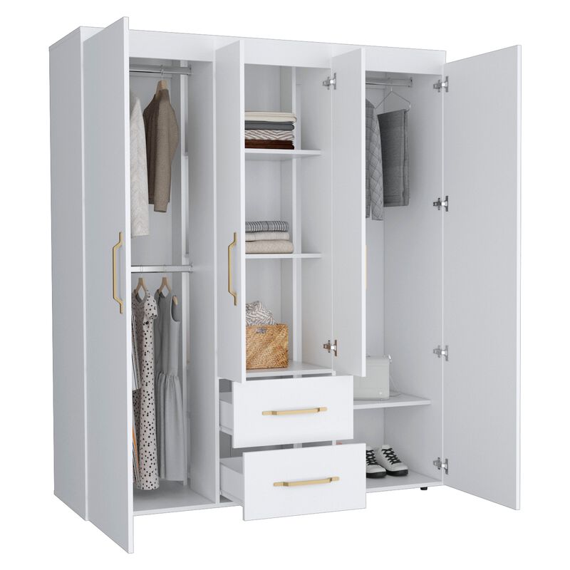 Bariloche Wardrobe, Multi-Section Storage with Hanging Rods, Shelves, and 2 Drawers-White