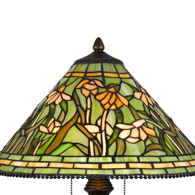 24 Inch Table Lamp, Floral Tiffany Style Stained Glass, Bronze Resin - Benzara