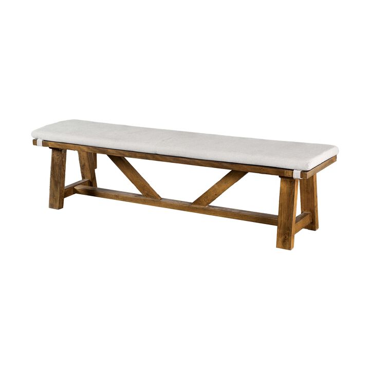 Jule Dining Bench, Trestle Base, 69 Inch, Brown Wood with Off White Seat - Benzara