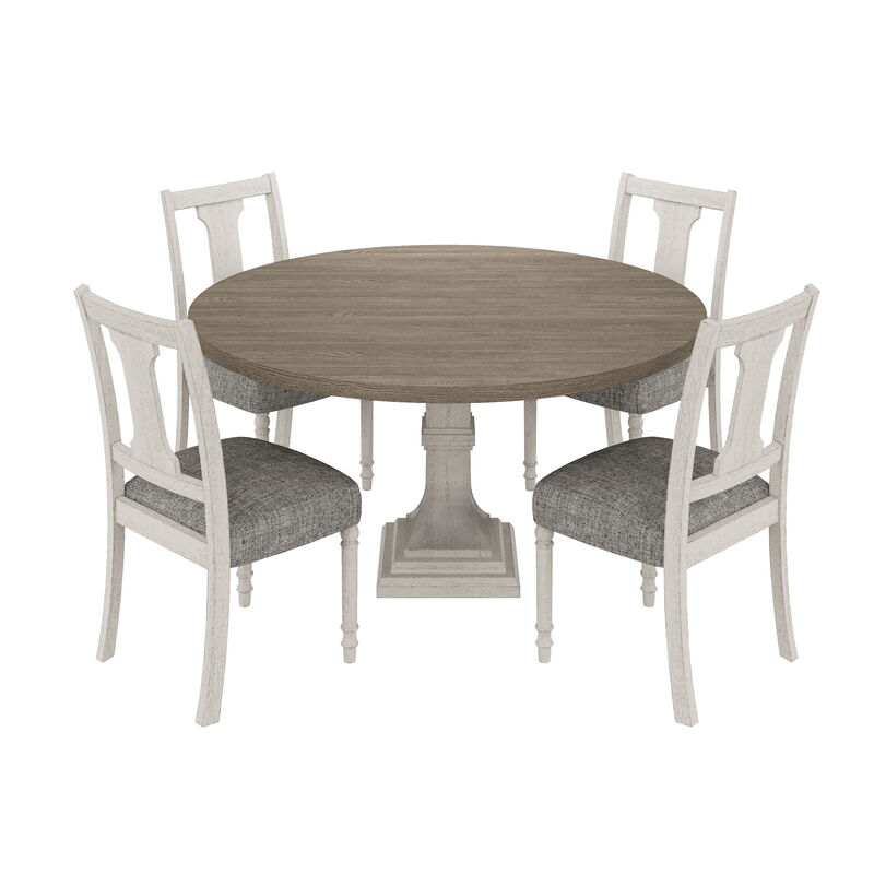 Sane 5pc Dining Table and Chair Set, Fiddleback, Round Top, Gray, White - Benzara