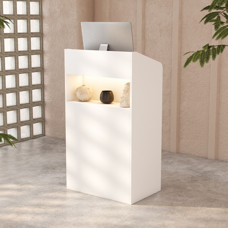 FUFU&GAGA Wooden Reception Desk with Storage Shelves Two Socket Slots 3-Color LED Light and USB Port 23.2 in. W x 15.27 in. D x 41.1 in. H White