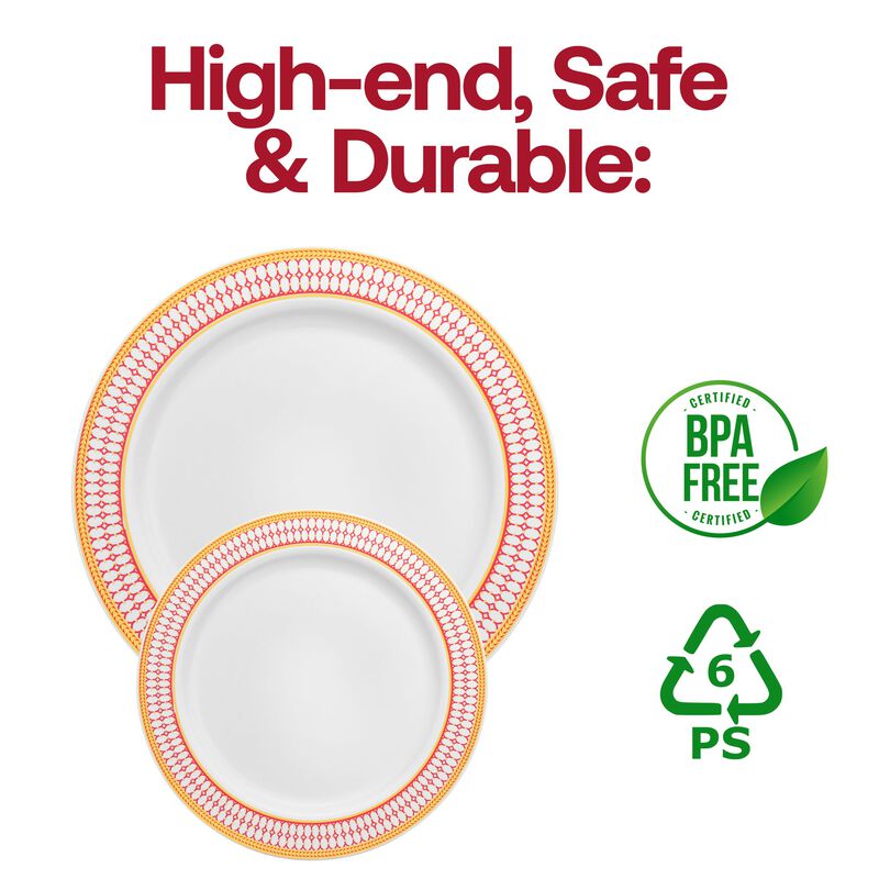 10.25" White with Red and Gold Chord Rim Plastic Dinner Plates (120 Plates) image number 4