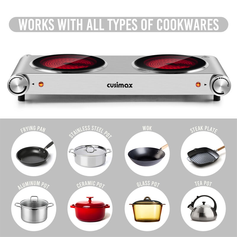 Cusimax 7.1 inch Portable Electric Hot Plate, 1800W Glass Dual Countertop Electric Cooktop, Stainless Steel Infrared Electric Stove image number 3