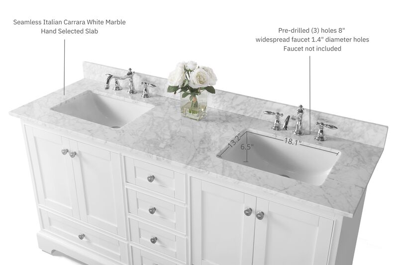 Audrey 66 in. Bath Vanity Set in White with Italian Carrara White Marble Vanity top and White Undermount Basin