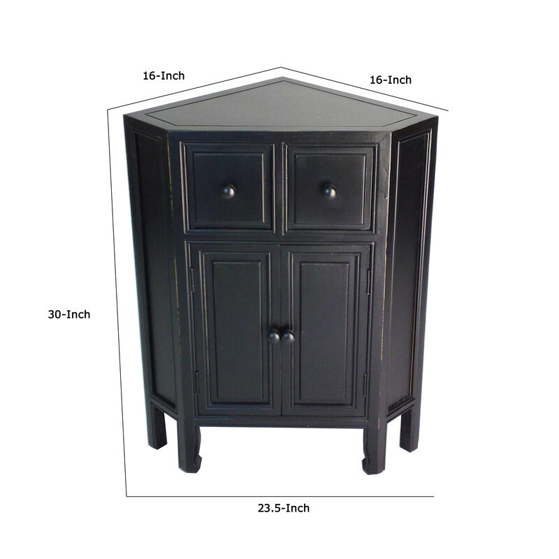 30 Inch Wooden 2 Door Corner Cabinet with 2 Drawers, Black - Benzara