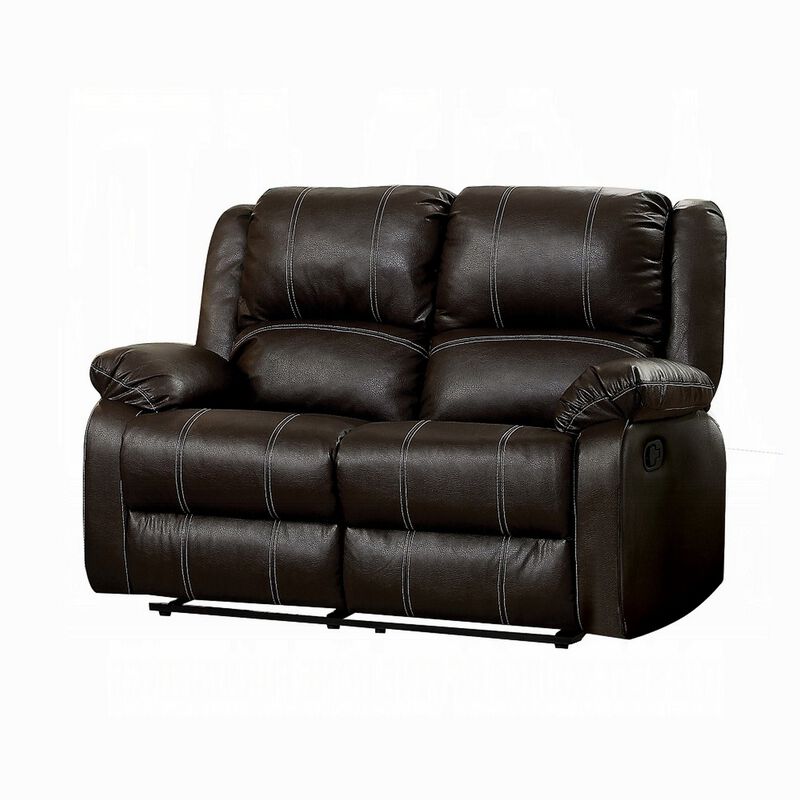 Zuru Motion Manual Recliner Loveseat, Pillow Top, Brown Faux Leather - Benzara