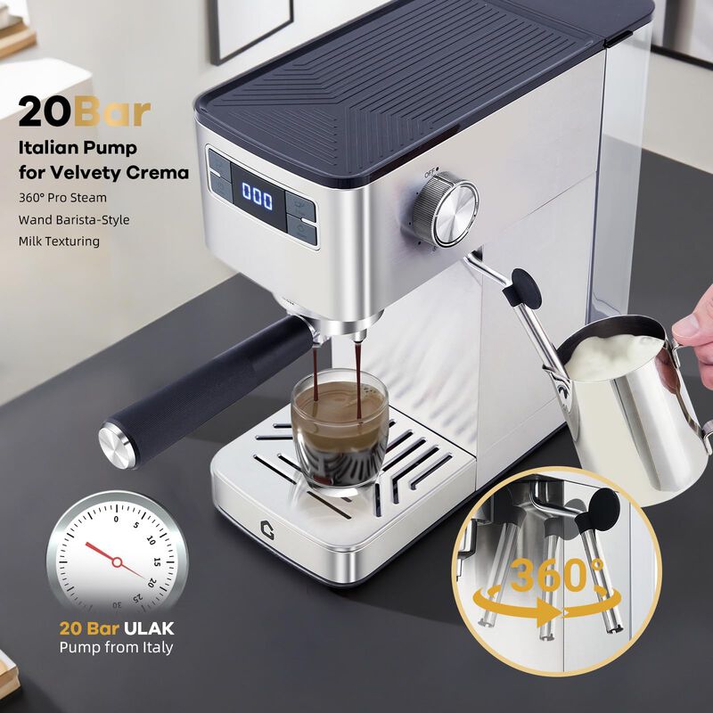 20 Bar Stainless Steel Coffee Machine with Steam Frother & Removable Water Tank for Home Barista Use image number 2
