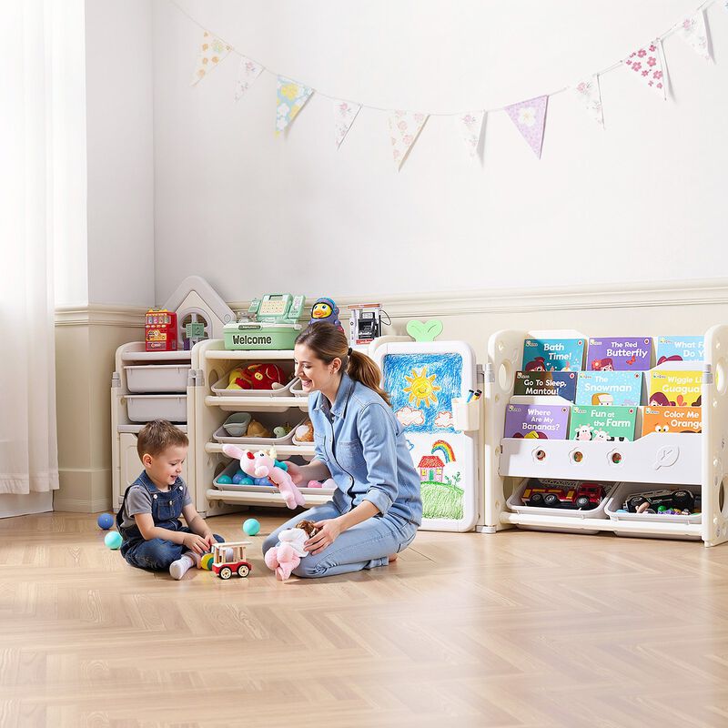 Kids Toy Storage &ndash; 4-Tier Cubby Cabinet with Bookshelf, Drawing Board, and Bins