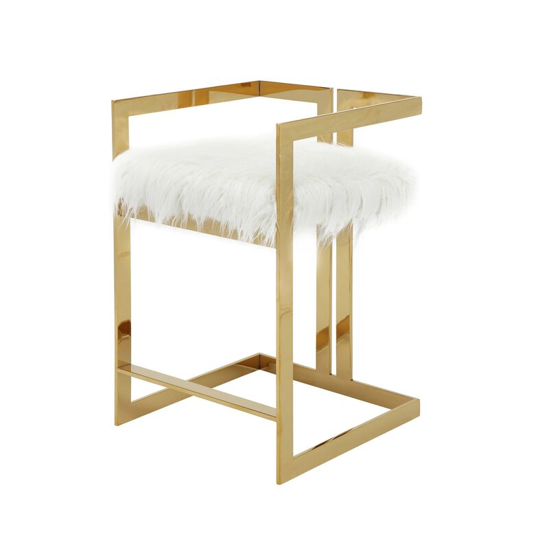 Suki 26 Inch Counter Height Chair, White Faux Fur, Gold Cantilever Base - Benzara
