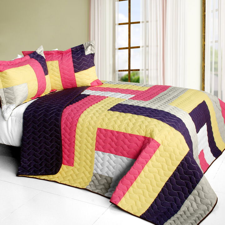 Queen Size 3PC Vermicelli Quilted Patchwork Quilt Set for Bedroom Decor