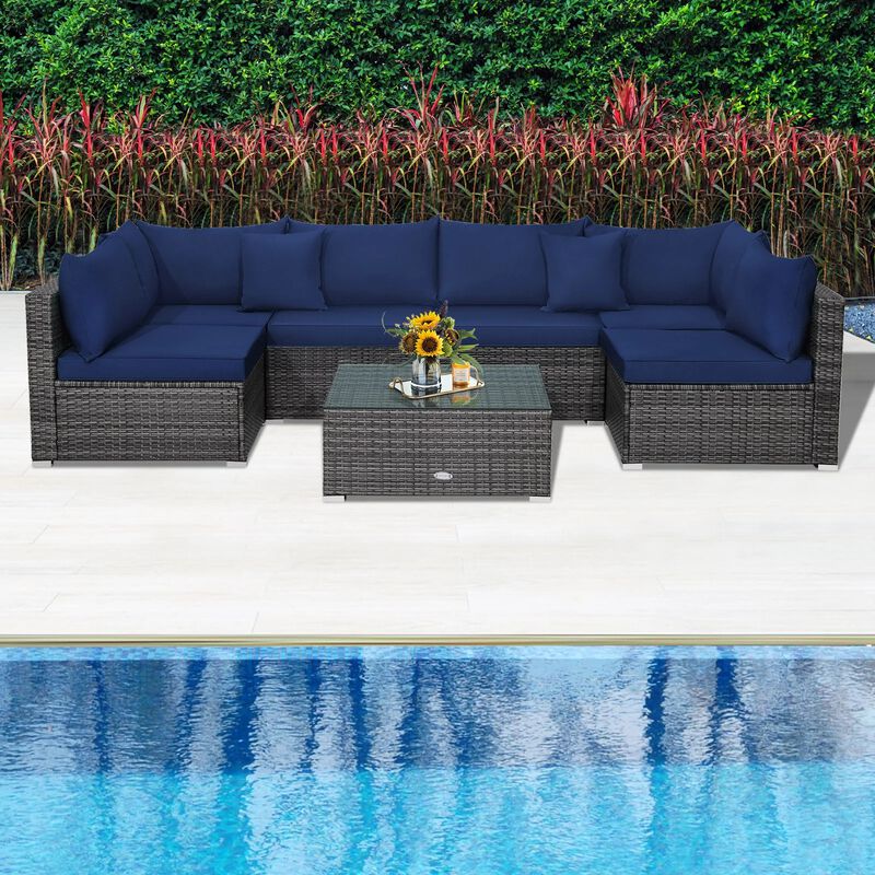 Mondawe 7 Pieces Patio Rattan Furniture Set with Sectional Sofa Cushioned