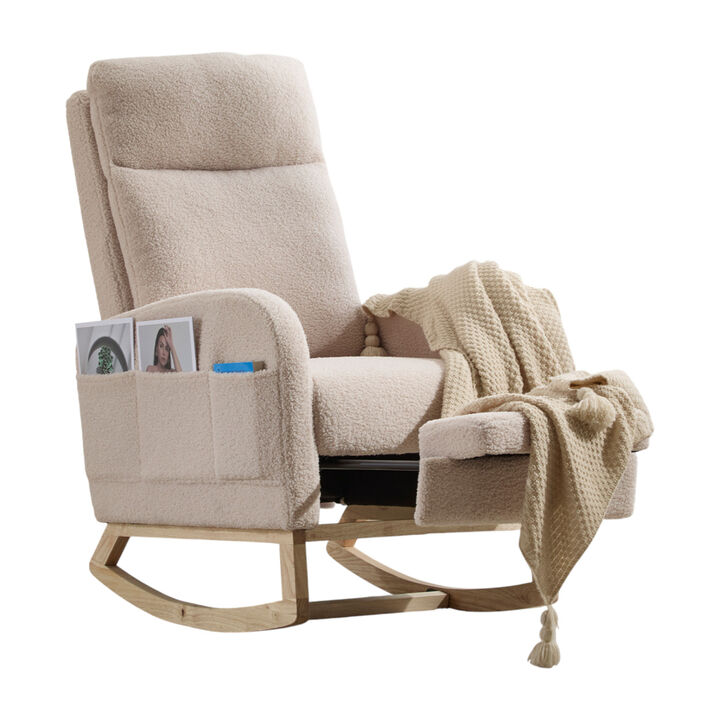 Upholstered Modern Rocking Chair with Solid Wood Legs and Ergonomic High Backrest