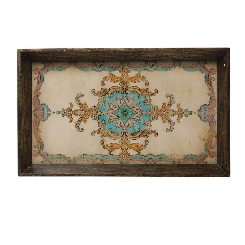 25 Inch Wood Tray, Vintage Style, Distressed Brown Wood Frame, Set of 2 - Benzara