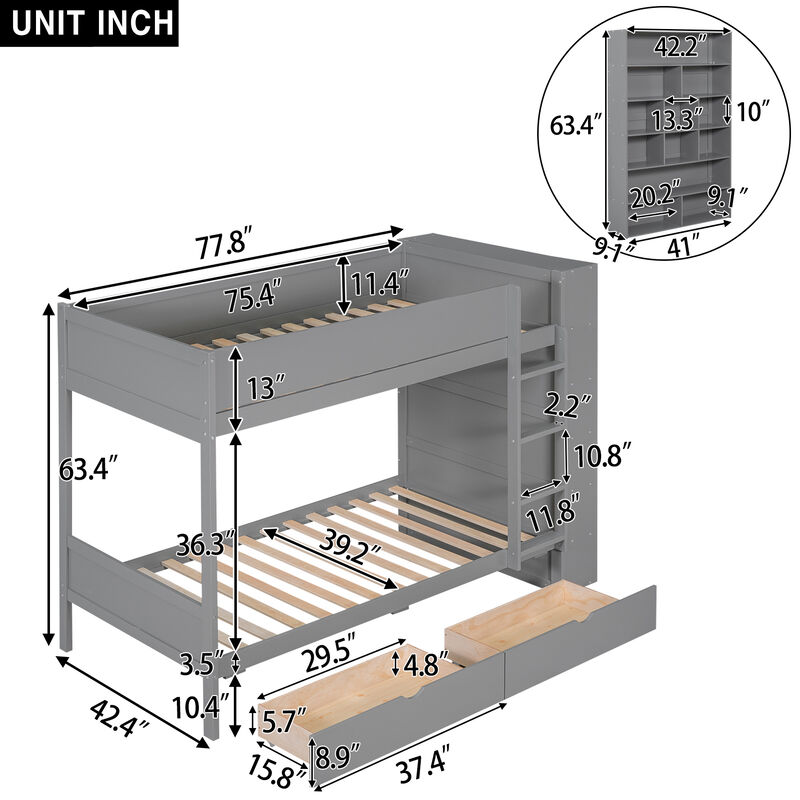 Whisen Twin over Twin Bunk Bed With 2 Drawers and Multi-layer Cabinet- Grey
