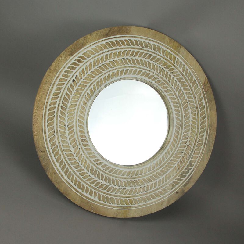 Carved Wooden Frame Round Wall Mirror 235 Inch Diameter Hand Painted Accents image number 3