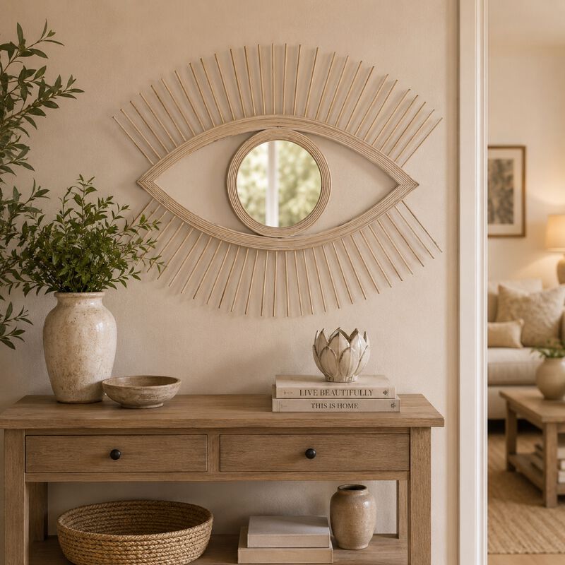 Ruhy Decorative Wall-Mounted Mirror with Eye-Shape Design, White Wood image number 1