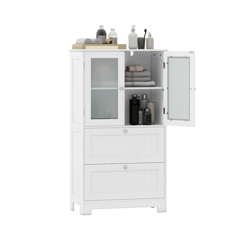 Bathroom Cupboard Pantry with 2 Drawers and 2 Frosted Glass Doors Freestanding Storage Cabinet-White image number 3