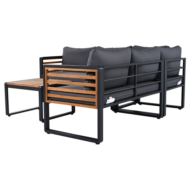 Whisen 4-Piece Metal & Wood Patio Set: L-Shaped Sectional with Cushions & Table