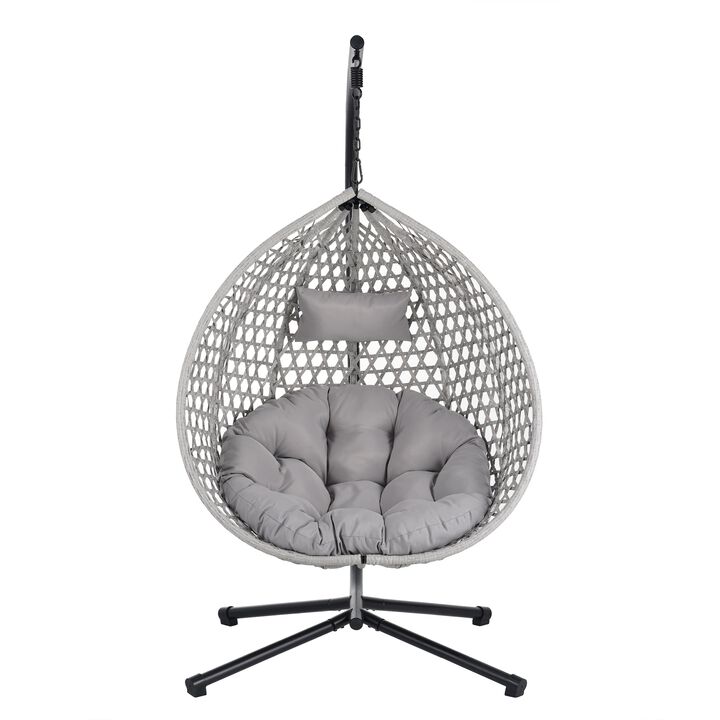 Mondawe Outdoor Rattan Egg Chair W/ Adjustable Headrest & Iron Base,Hollow-Out Design Hanging Chair