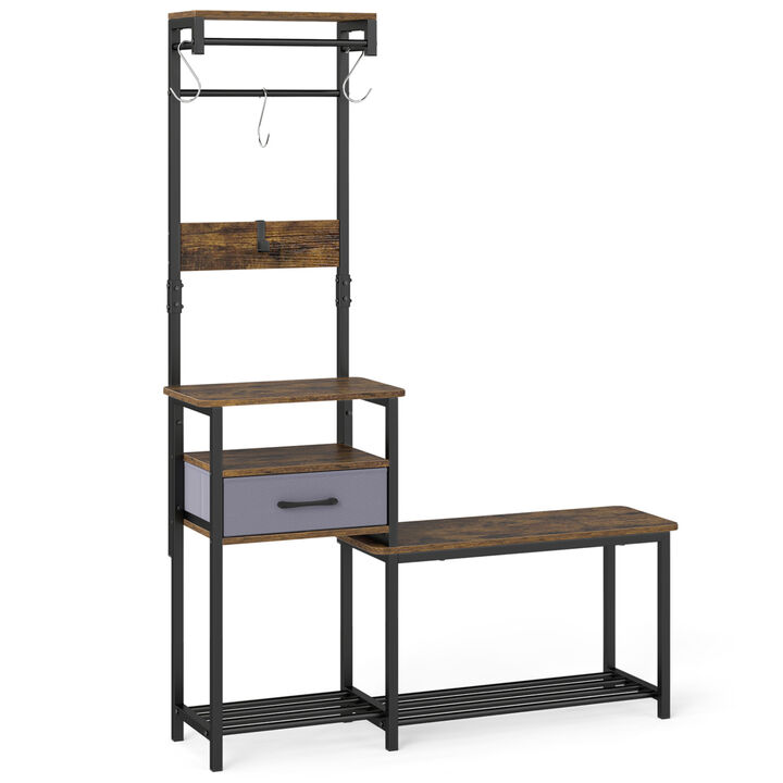 7-in-1 Entryway Organizer with Shoe Bench, Hooks and Storage Drawer