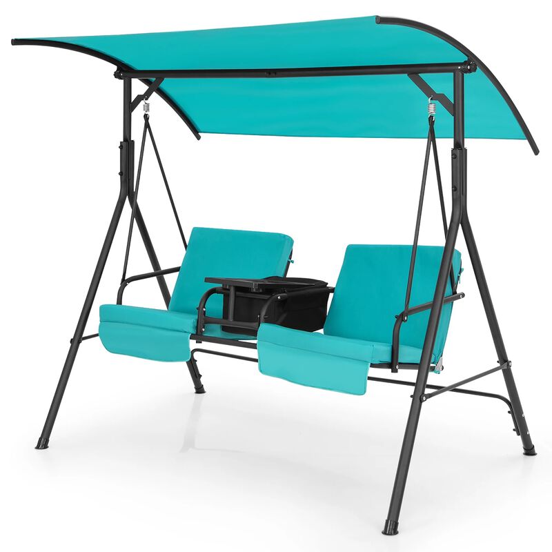 Mondawe 2-Person Canopy Metal Porch Swing Padded Chair with Cooler Bag Rotatable Tray