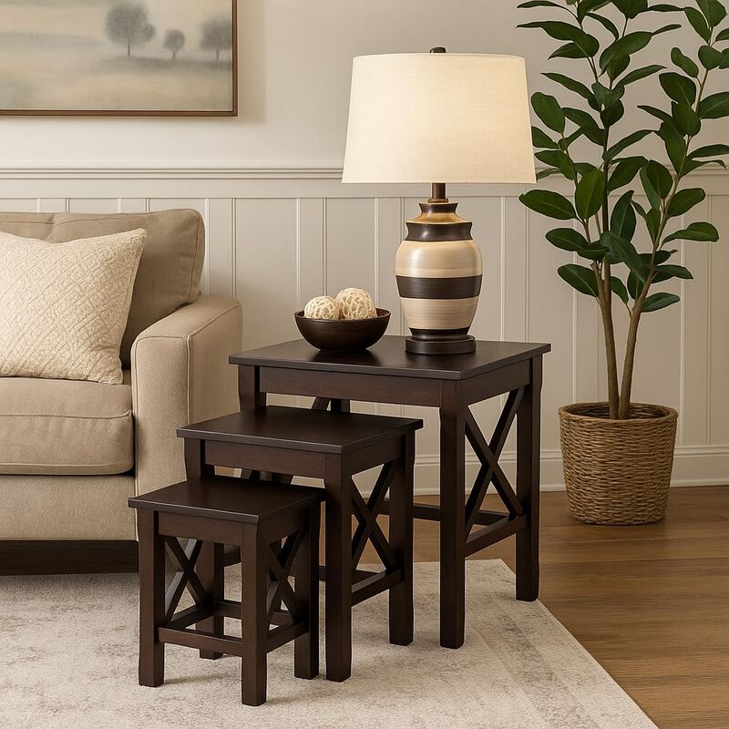 Ergode Xola 3-Pc Nesting Table Set - Solid Wood, Cappuccino Finish, 'X' Cross Design, Space-Saving, Multi-Functional Accent & End Tables - Large: 21.1" W x 17.3" D x 22.1" H, Easy Assembly image number 1
