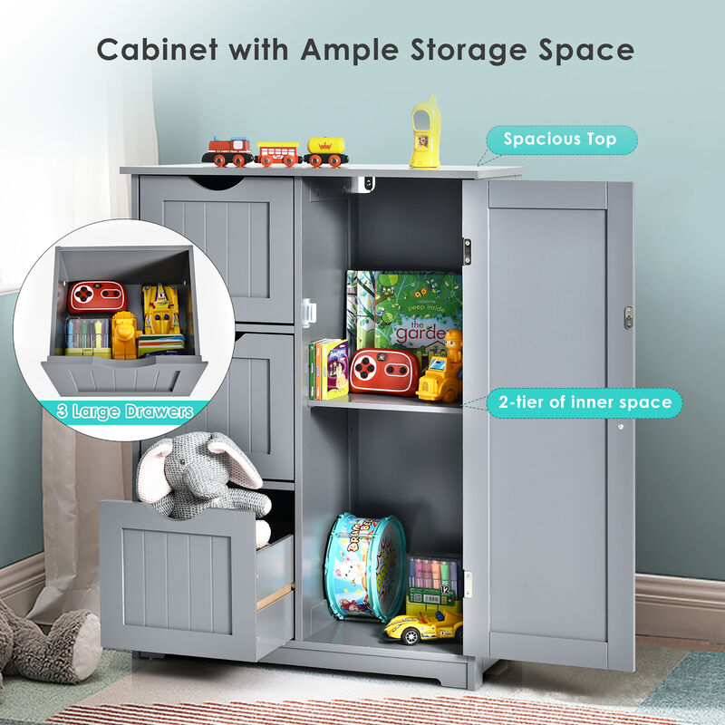 Costway Bathroom Floor Cabinet Side Storage Cabinet with 3 Drawers and 1 Cupboard Grey