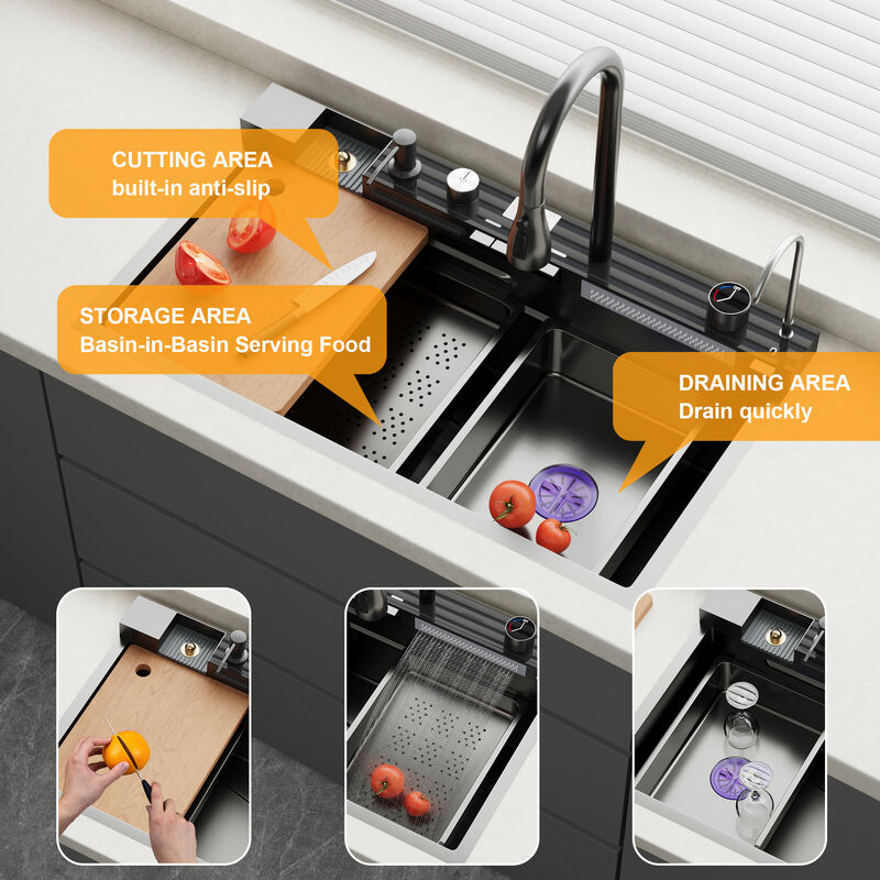 FUFU&GAGA Stainless Steel Bathroom Sink with Intelligent Control Center and Accessories,( 31.5" W x 17.7" D x 8.7" H),Black