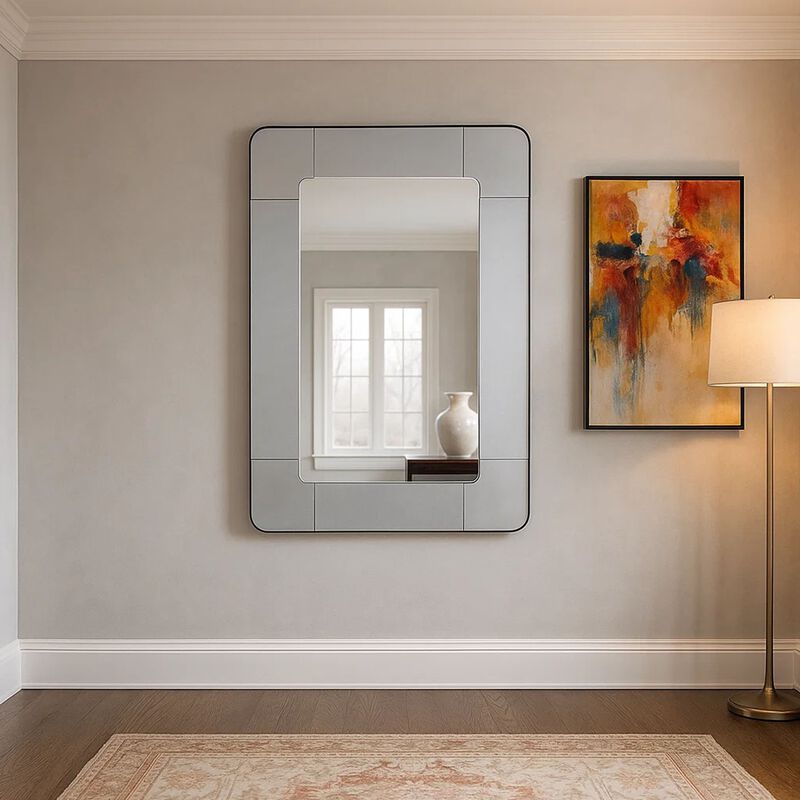 Fexo Wall Mirror, 36 Inch Mercury Glass Silver Frame, Hand Forged Iron - Benzara